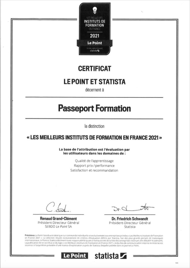 Certificat meilleur centre de formation passeport forma