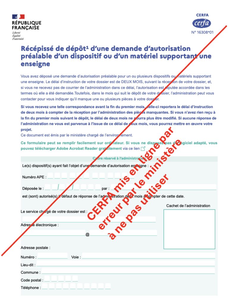 Image erreur cerfa enseigne mis en ligne par le ministere 2024
