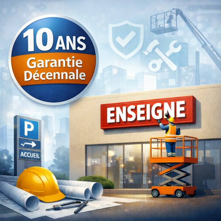 Image illsutrant la garantie décennale avec un technicien en train d'installer une enseigne sur une façade