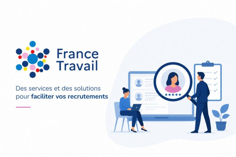 logo France Travail + visuel pour décrire les offres et services qui concernent le recrutement